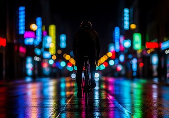 Cyclist at night, urban landscape reflecting neon lights on wet surface
