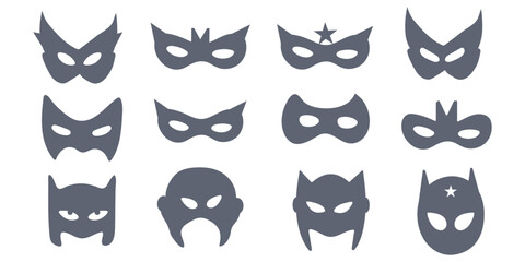 Different Mask silhouette isolated on transparent background Masquerade vector for apps or web party superhero carnival villain or burglar icon in flat. costume eye mask hidden person face