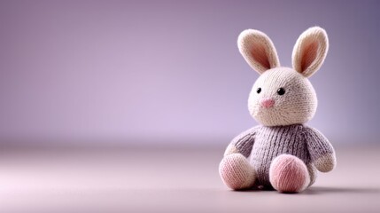 Knitted toy rabbit sitting on a neutral background  