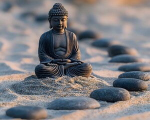 Fototapeta premium A serene Buddha statue sits peacefully on a sandy surface forming a meditative path with smooth stones
