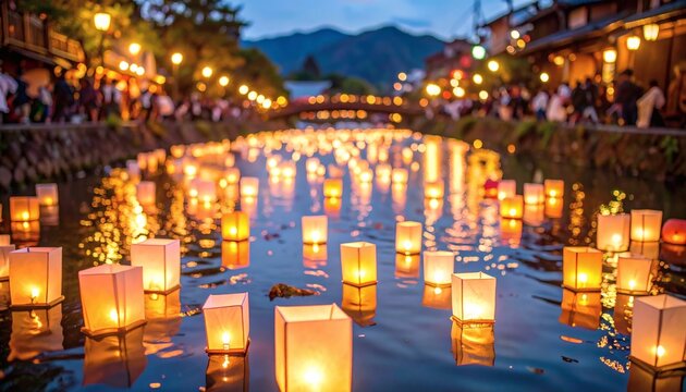 floating lanterns released on a river during evening Obon Festival ceremony in Japan