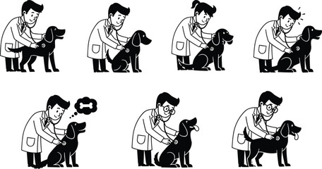 Cartoon Veterinarian Examining Dog, Pet Health Care, Animal Checkup, Vet Doctor with Happy Dog, Veterinary Medical Treatment Concept