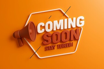 Bold 3d text announcing coming soon with a megaphone on a vibrant orange background perfect for announcements and promotions