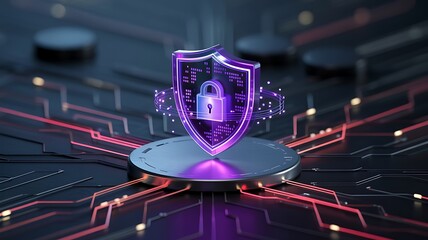 Digital shield with padlock symbol glowing purple over futuristic circuit board representing cyber security and data protection