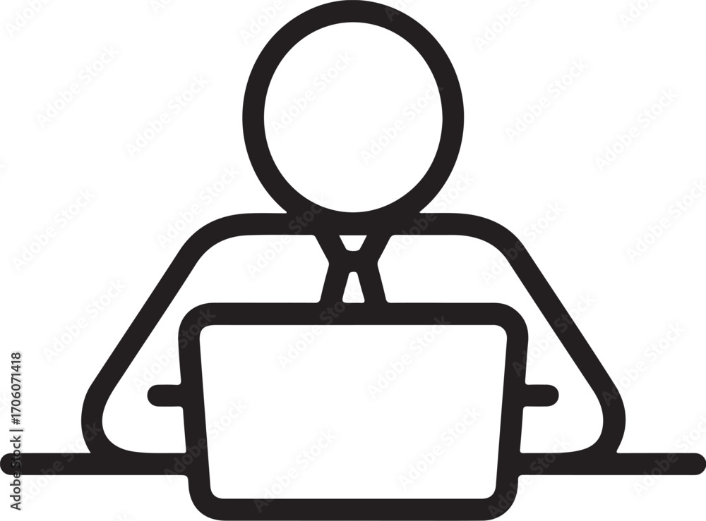 Poster simple line icon of a person working on a laptop computer