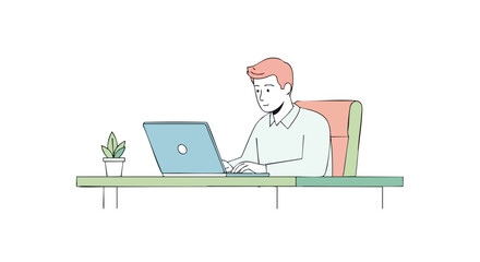 Minimalist line art illustration of a young man working on a laptop at his desk.