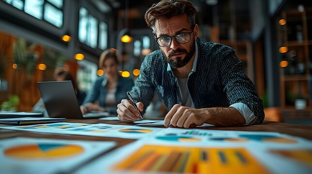 Professional man analyzing business data and charts symbolizing strategic effort in office