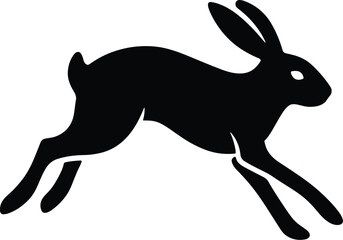 Minimal vector silhouette, hare sprinting long legs extended, side profile, solid black © Saruf