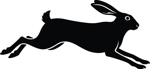 Minimal vector silhouette, hare sprinting long legs extended, side profile, solid black