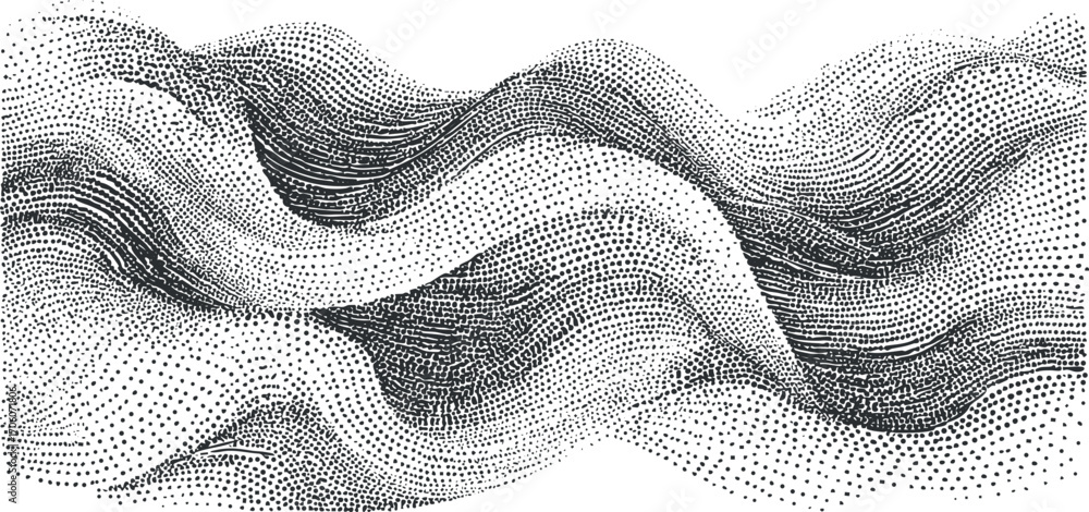 Poster an abstract black and white illustration featuring wavy lines and dotted patterns creating a dynamic