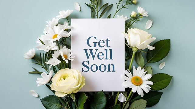 Delicate arrangement of white and yellow roses and daisies with a get well soon card on a soft blue background - Powered by Adobe