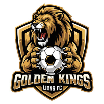 Lion mascot logo symbol holding a soccer ball