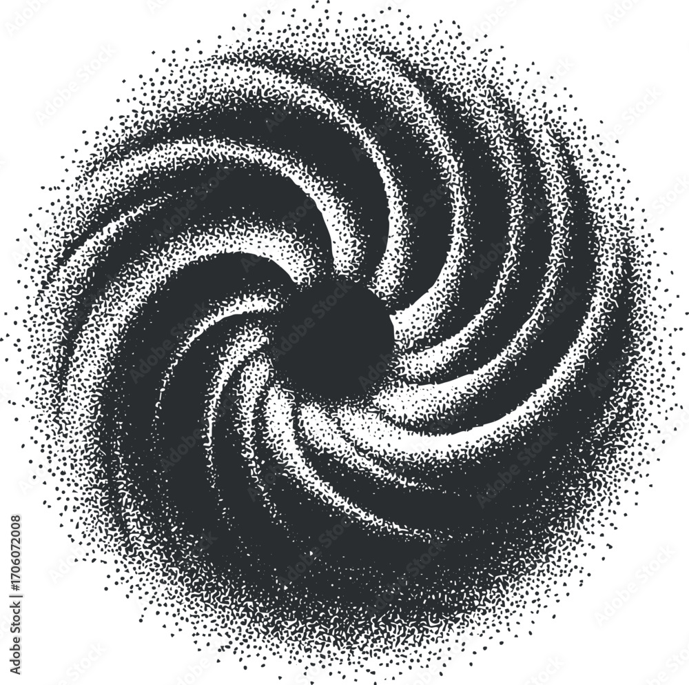Poster abstract spiral pattern created with black dots on a white background for artistic design.
