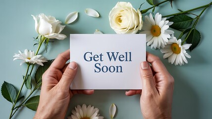 Caring hands hold a get well soon card surrounded by delicate white roses and daisies on a soft blue background