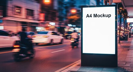 Blank A4 mockup billboard at night, city street scene in motion blur.