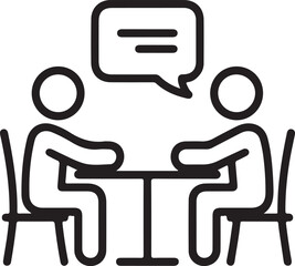 Two people sitting at a table talking with a speech bubble