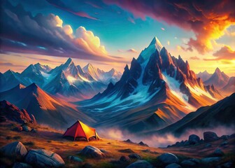 Majestic Mountain Tent Adventure: AI Generated Landscape Photography