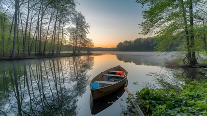 Wooden boat floating on calm lake at sunrise