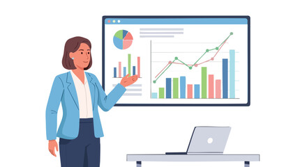 Fototapeta premium Professional businesswoman presenting data analysis with charts and graphs on a screen.