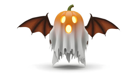 Naklejka premium Spooky and playful glowing pumpkin ghost with outstretched dark bat wings, capturing the festive and haunting essence of Halloween for seasonal graphic designs