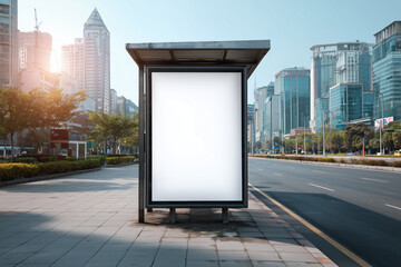 Blank vertical billboard mockup at a modern bus stop in the city, perfect for advertising and marketing design presentations.