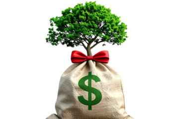Transparent Background Money Bag with Dollar Symbol and Green Tree Sprouting on Top, Bow Tie Decoration,.jpg