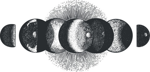 Illustration depicting the various phases of the moon in a circular arrangement.