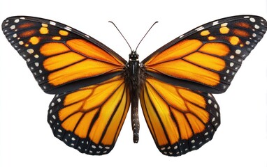 Fototapeta premium Vibrant orange and black butterfly with intricate wing patterns, viewed from above on a white background, showcasing symmetrical design and delicate details