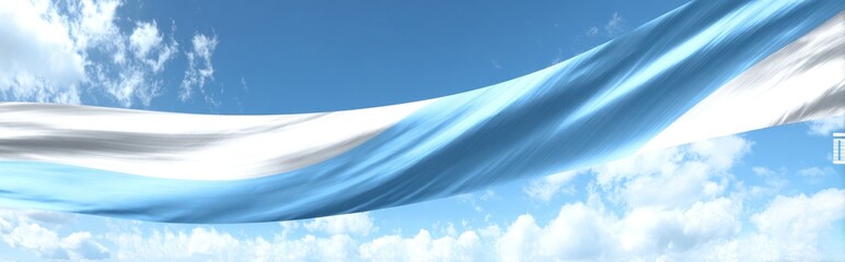 A flowing, luminous cloth of pale blues and white dominates against a bright blue sky with fluffy clouds, creating a serene scene