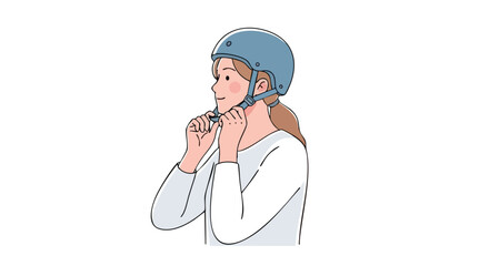 Side profile illustration of a smiling young woman fastening her light blue safety helmet.