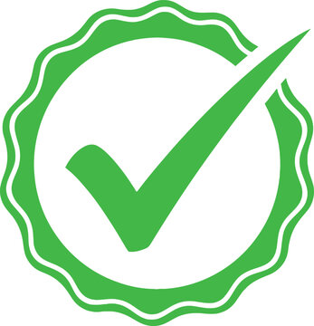 Green check mark within a scalloped circle on transparent background symbol design