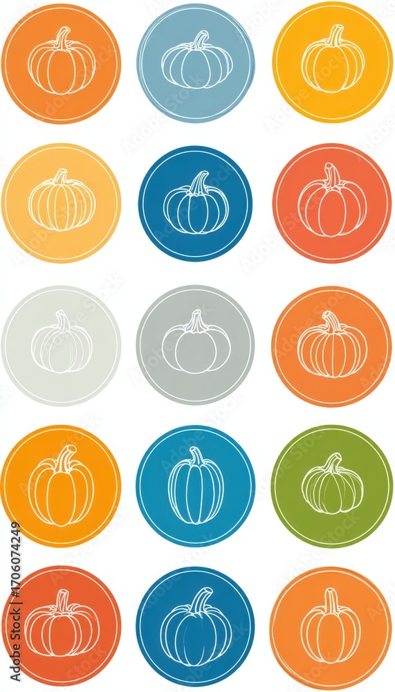 Poster flat-style pumpkin icons in circular backgrounds for apps and navigation