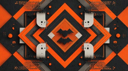 Geometric Halloween Poster with Orange and Black Shapes, Bats, and Ghosts