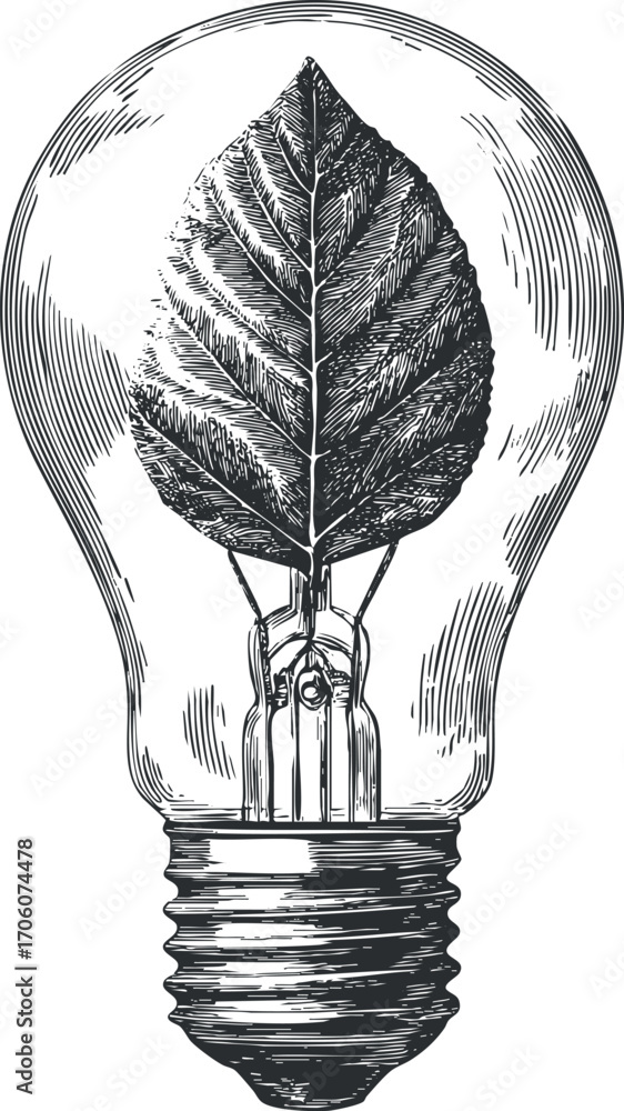Poster an artistic representation of a lightbulb containing a leaf symbolizing eco-friendly innovation and 