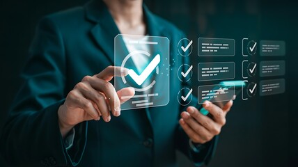 Business professional interacting with a futuristic holographic interface displaying a checklist with multiple verified tasks and approvals