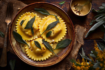 Overhead shot of pumpkin ravioli on a rustic plate, topped with sage leaves and butter sauce.