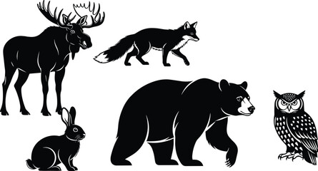 Black and white silhouettes of moose, fox, bear, rabbit, and owl, detailed wildlife vector illustration for nature, forest, and animal design projects