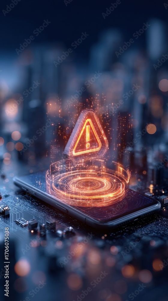 Poster a glowing warning symbol hovers above a smartphone, set against a backdrop of microchip patterns, su