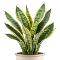 A snake plant (Sansevieria trifasciata) with variegated leaves, in a light beige pot