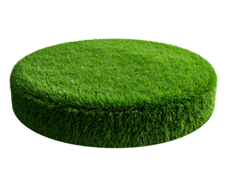 Hyper-realistic PNG of a perfectly round grassy podium with lush meadow texture