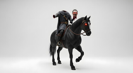 Spooky headless horseman with glowing red eyes rides a black steed under a dark cloak, ready for Halloween night