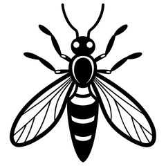 Stylized black and white silhouette of a wasp with striped abdomen and veined wings