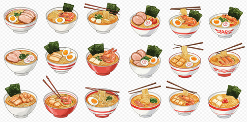 Fifteen bowls of ramen with various toppings like eggs, pork, shrimp, and nori seaweed, arranged on a transparent background.