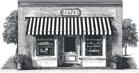 Illustration of a charming cafe storefront with a striped awning and outdoor seating.