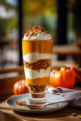 Vertical shot of layered pumpkin parfait in a tall glass with cream, granola and cinnamon, styled on a café table.