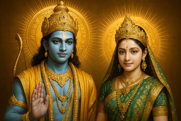 Fototapeta premium Lakshmi puja, a divine portrait of lord rama and goddess sita, radiating with a golden aura, with lord rama giving a blessing hand gesture