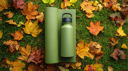 yoga rug and water bottle against the backdrop of fallen autumn leaves