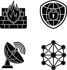 Firewall, VPN, Satellite, and Network Icons Set in Black Vector Style