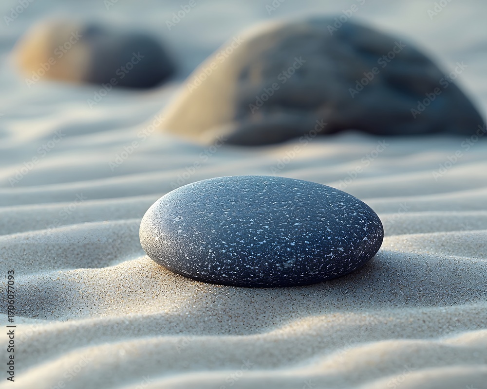 Poster a single smooth dark grey pebble rests on textured rippled sand with out of focus rocks in the soft 