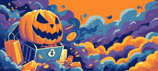 Vibrant Halloween Ad with Jack-o'-Lantern and Discounts in Cartoon Style